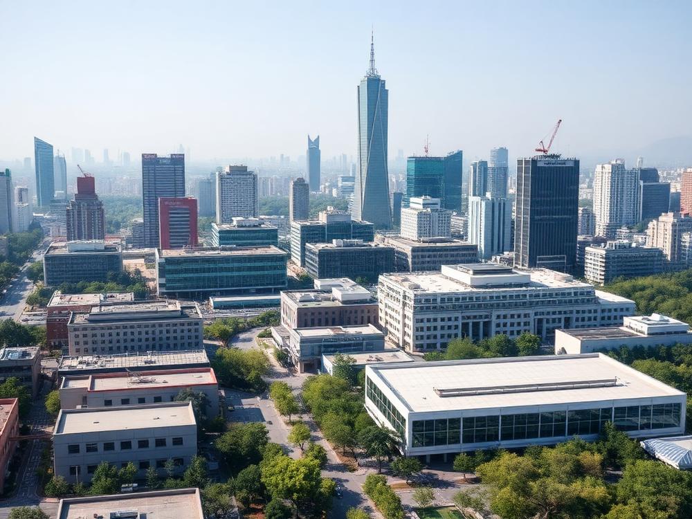 Nanjing modern városképe egyetemi és ipari épületekkel