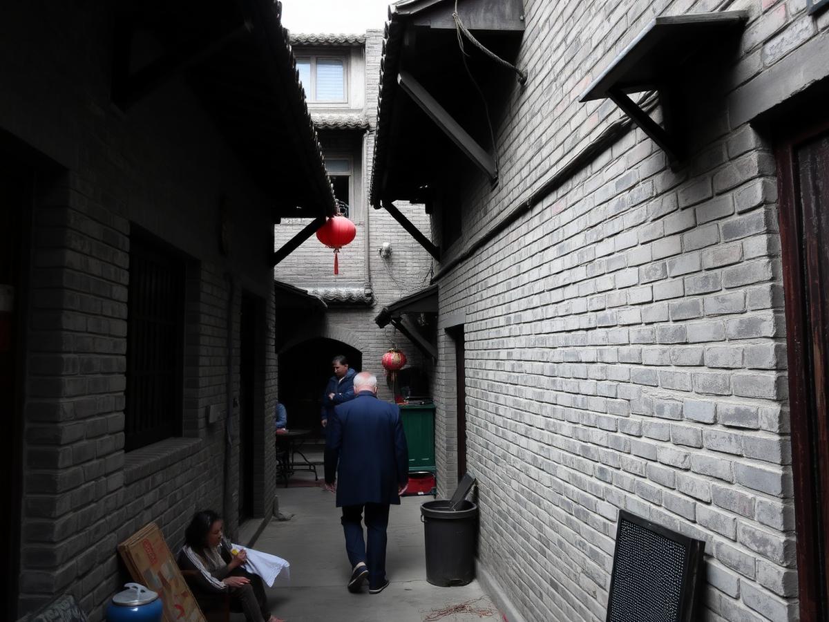 Hagyományos pekingi hutong utca szürke téglás udvarházakkal